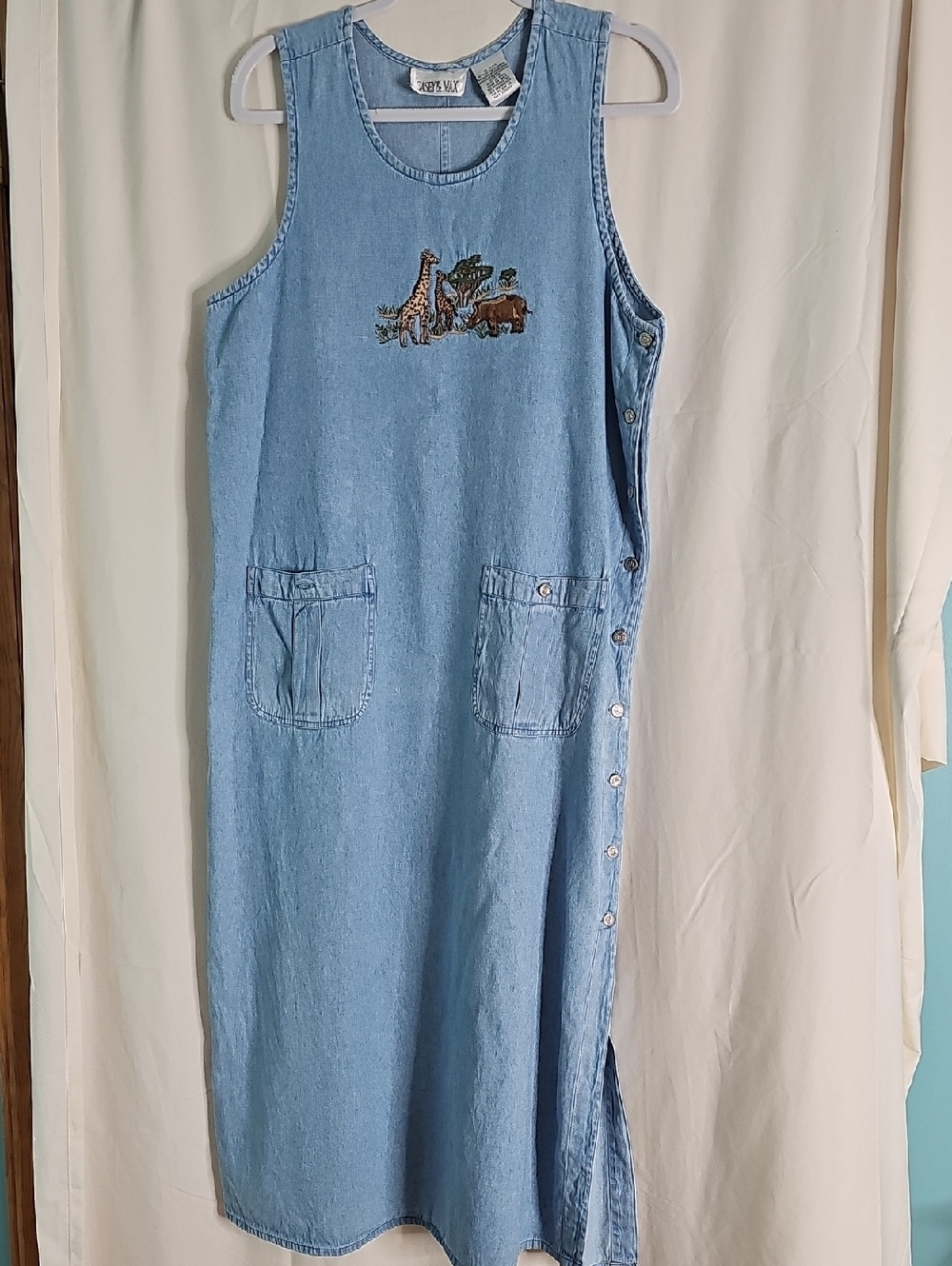 Vintage Casey & Max Light Blue Denim  Jumper Dress with Embroidered Animals